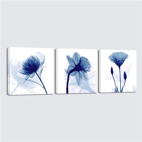 Art Blue Abstract Flowers 3 Panels Giclee Canvas Prints Wall Art Modern - Picture 1 of 14